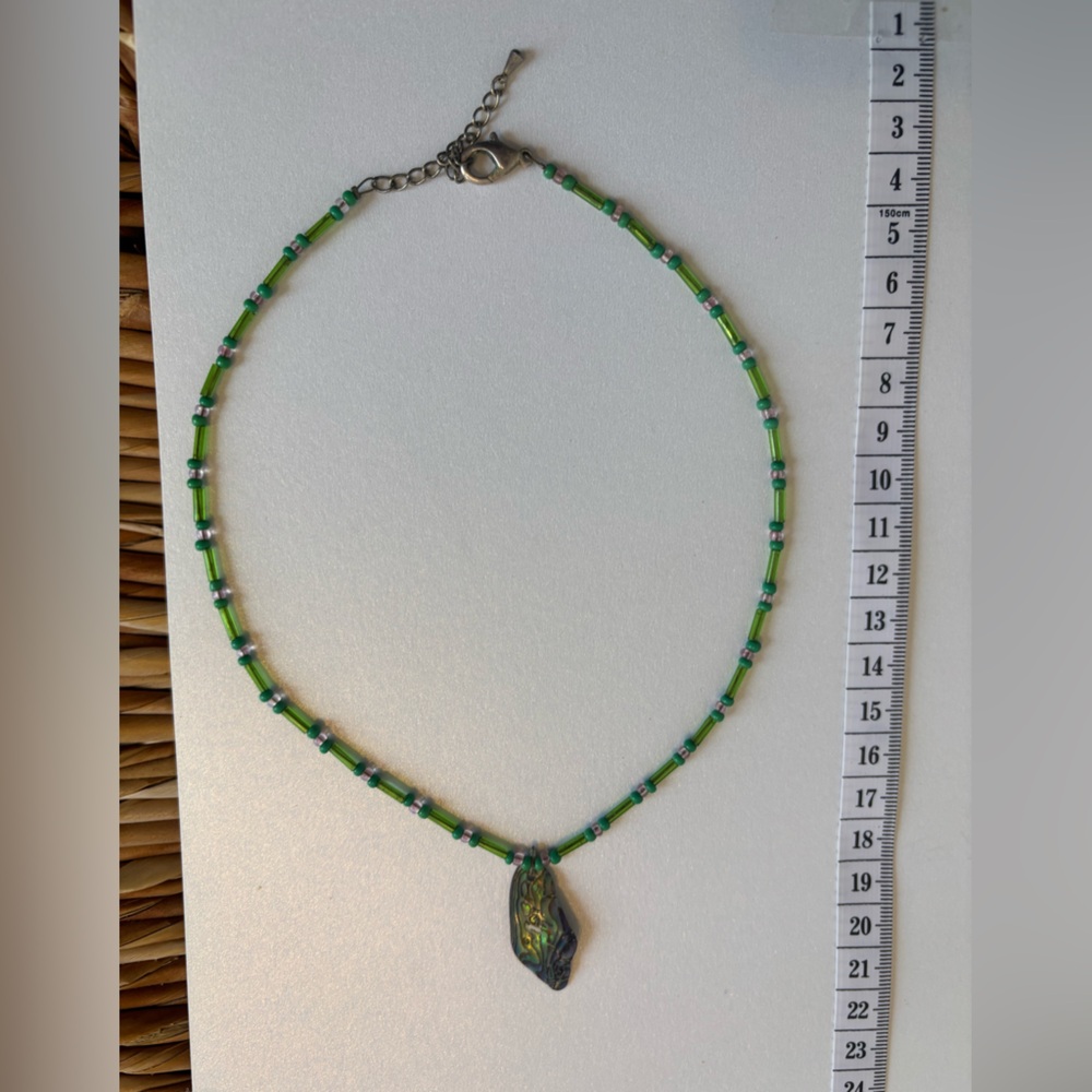 Whimsical Green Beaded Necklace with Abalone Shell Pendant